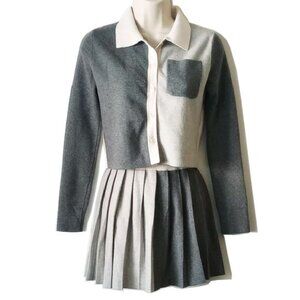 School Girl SET Thick Smooth Knit Cardigan Sweater & Pleated Mini Skirt